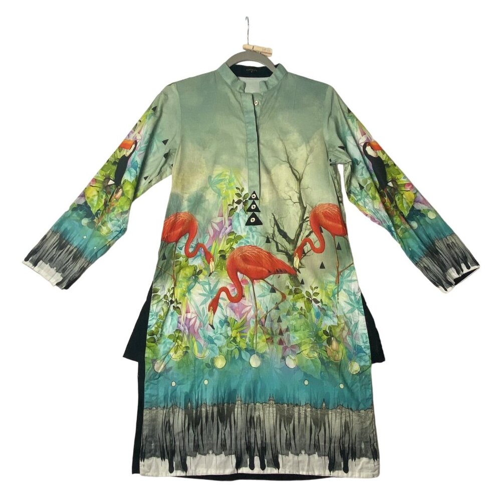 SAPPHIRE Kurta Tunic Shirt Women Small Flamingo Toucan Tropical Theme Pakistani‎